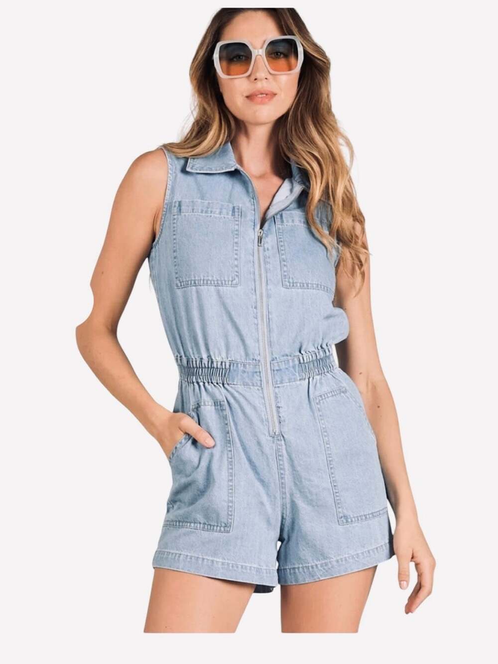 Elan Kelly Denim Romper Size S Light Blue Wash Sleeveless Smocked Waistband NWT